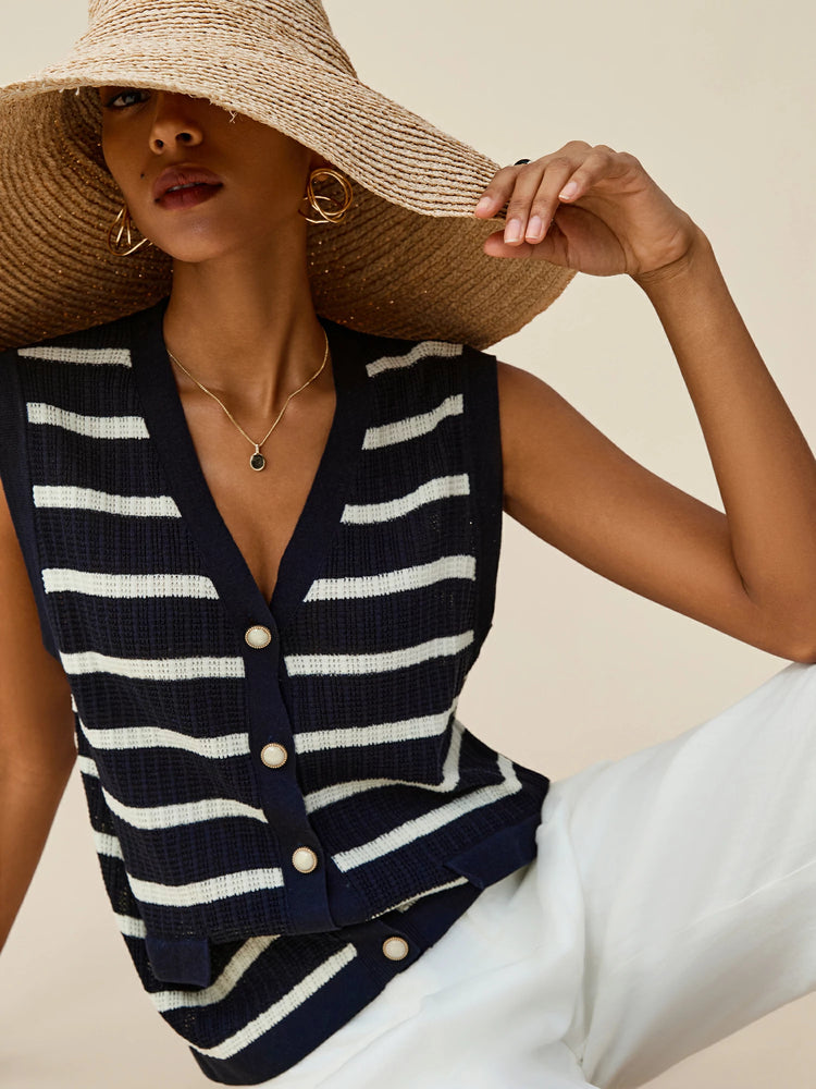 (FINAL SALE)Lyocell & Linen Sleeveless Striped Vest