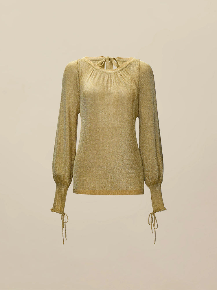 Amoretu Round Neck Long Sleeve Drawstring Glitter Top