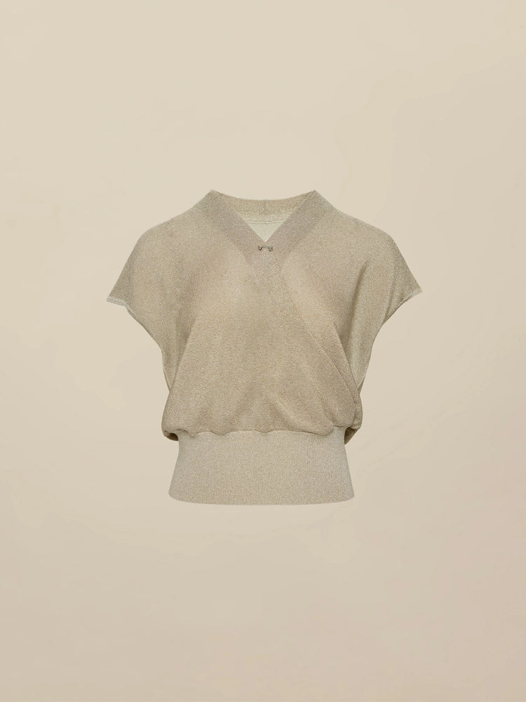 Amoretu Gold Silver Yarn Short-sleeved Surplice Top