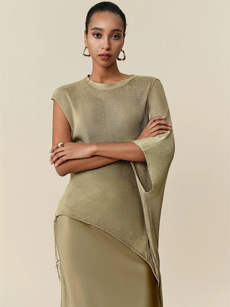 Amoretu Round Neck Short Sleeve Drawstring Glitter Top