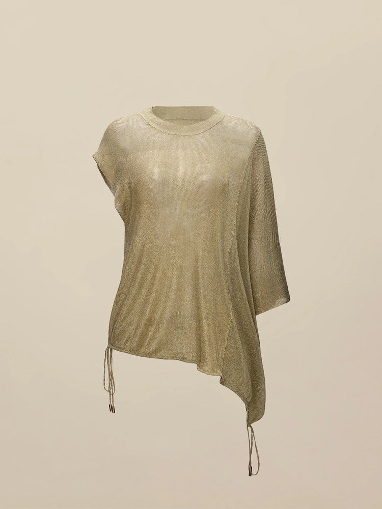 Amoretu Round Neck Short Sleeve Drawstring Glitter Top