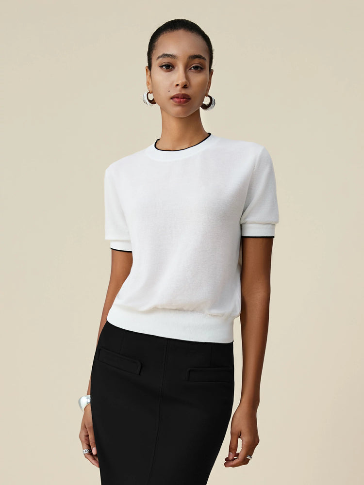 Amoretu Tencel Round Neck Contrast Trim Top
