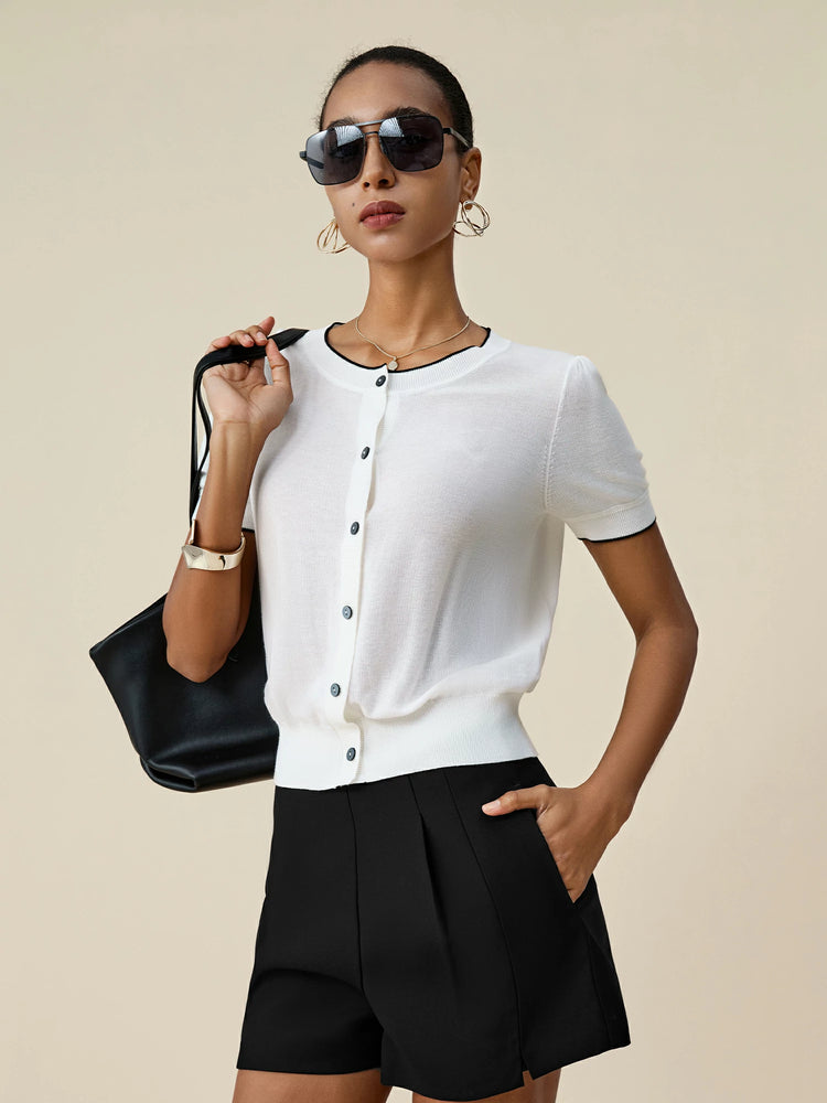 Amoretu Tencel Round Neck Contrast Cardigan