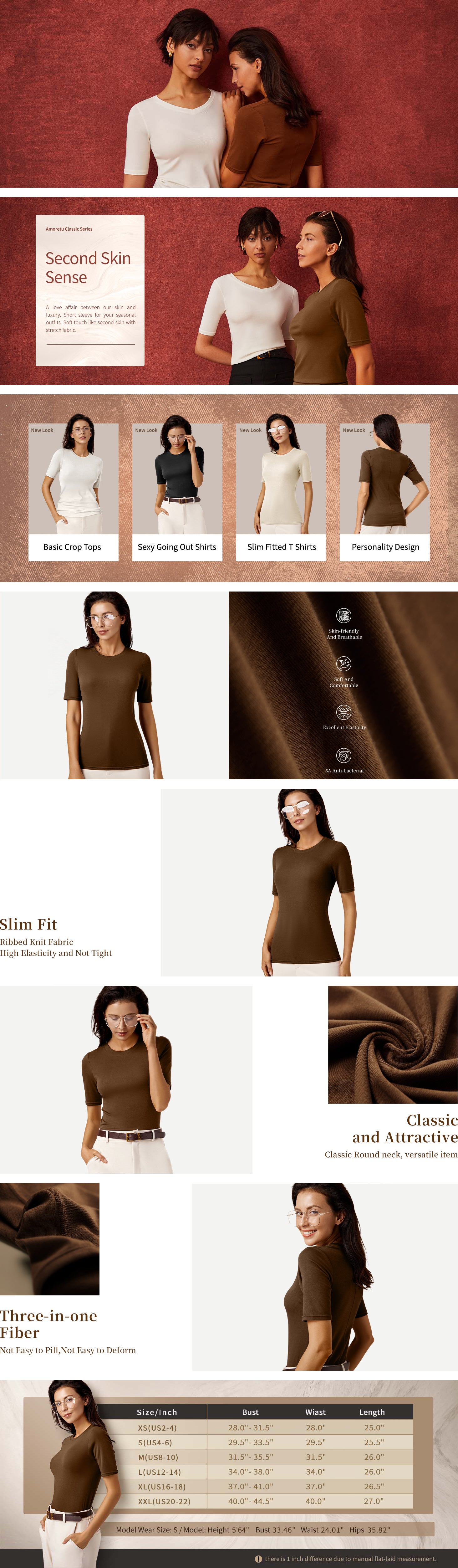 Amoretu T-Shirts Top Women Summer Casual Round Neck Basic Shirts