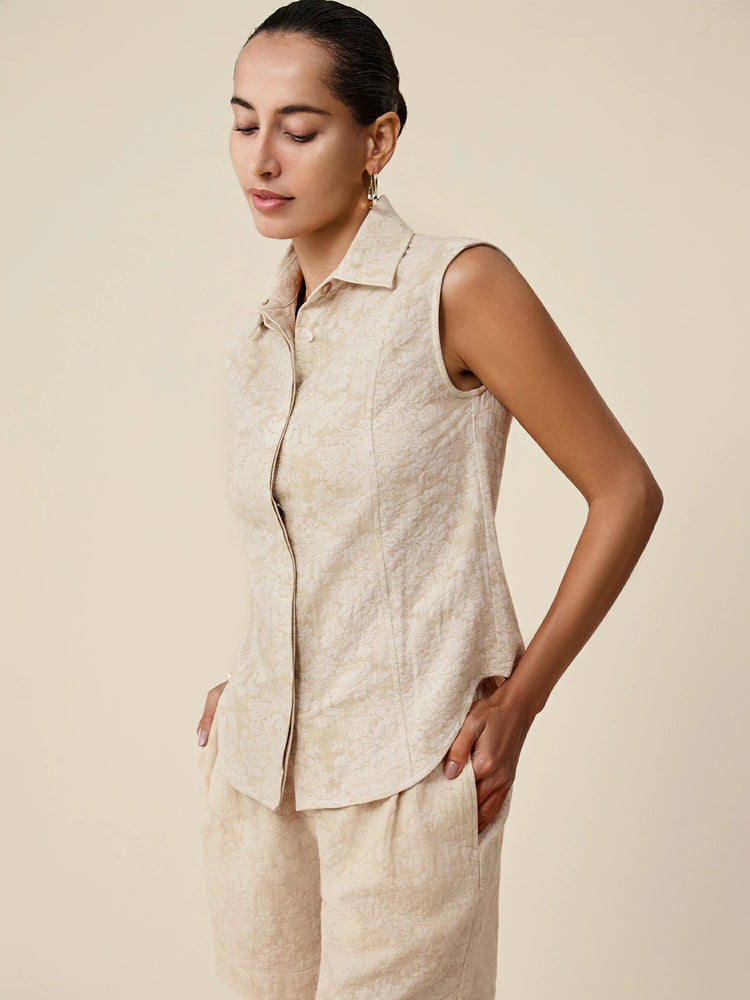 Amoretu Linen Lapel Sleeveless Jacquard Shirt