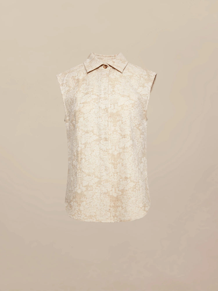 Amoretu Linen Lapel Sleeveless Jacquard Shirt