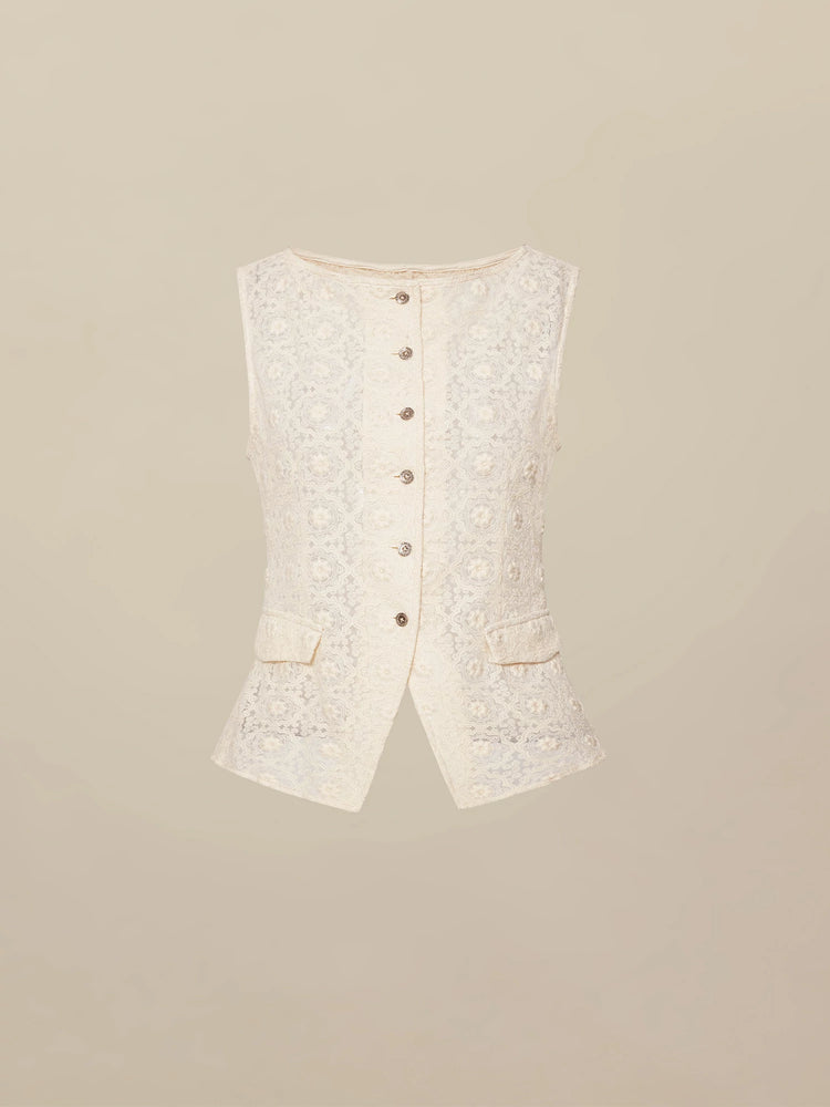 Amoretu 50% Cotton Boat Neck Embroidered Lace Vest
