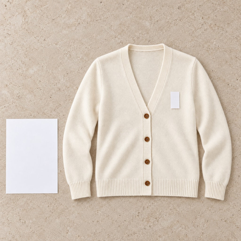 Overhead placement example: an ivory cardigan laid flat with a small marker on the wearer’s left chest and a full A4 sheet beside the garment