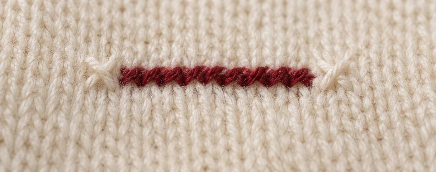 Burgundy stitch study on ivory cashmere — AI detail concept