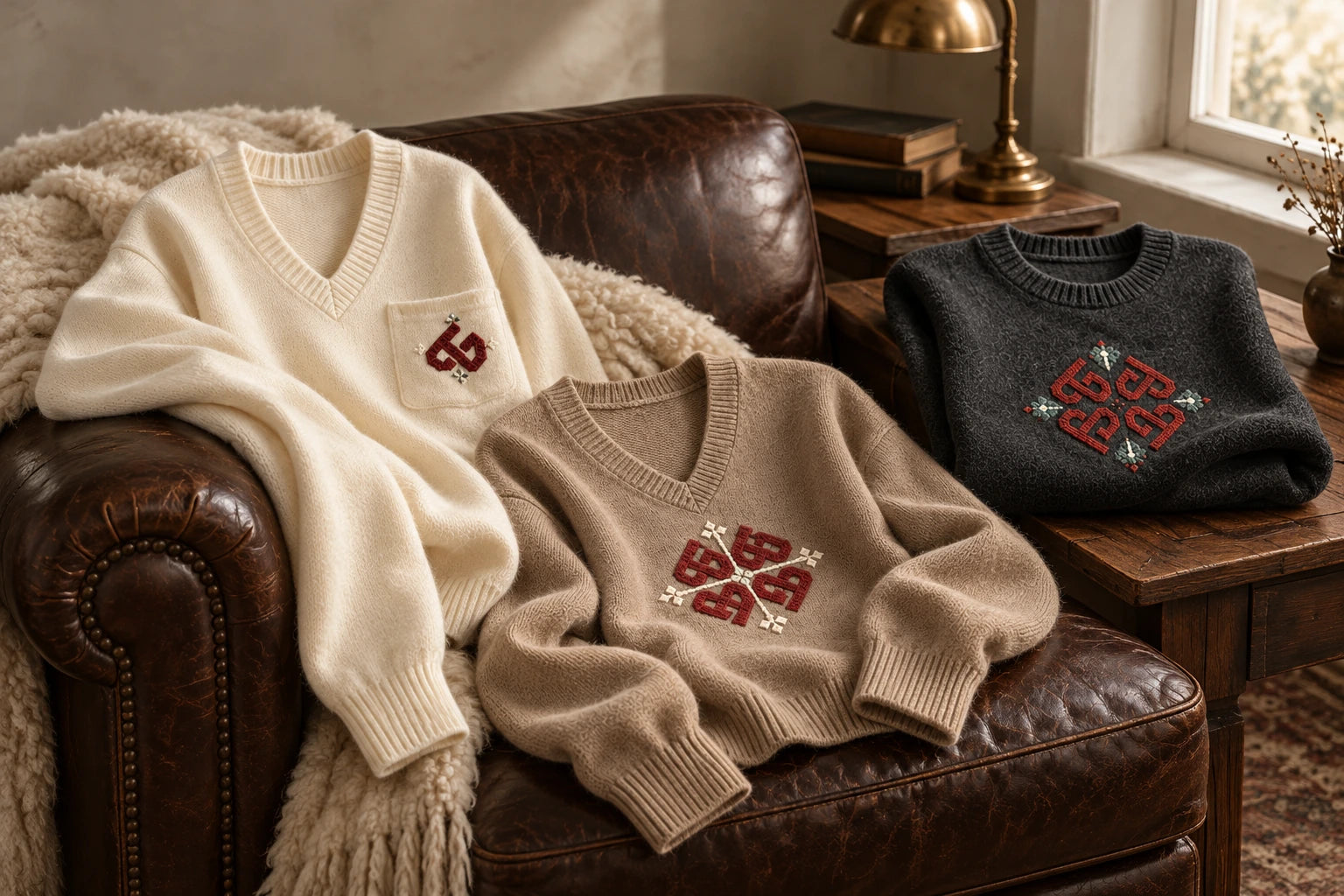 Cream, taupe and charcoal emblem knits arranged on aged leather and walnut — collection concept
