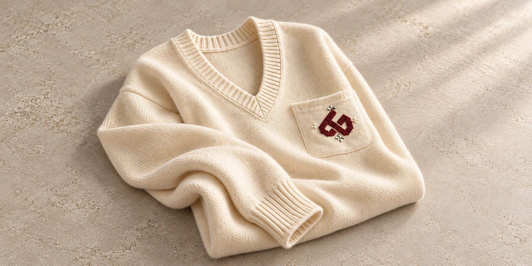 A softly folded ivory V-neck with a burgundy embroidered pocket emblem — collection concept