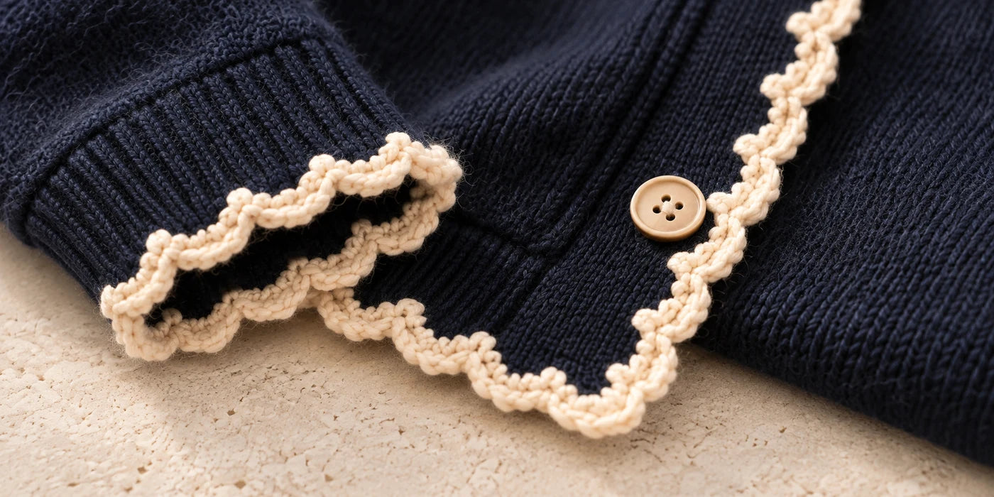 Ivory crochet edge and button on navy cashmere — AI detail concept