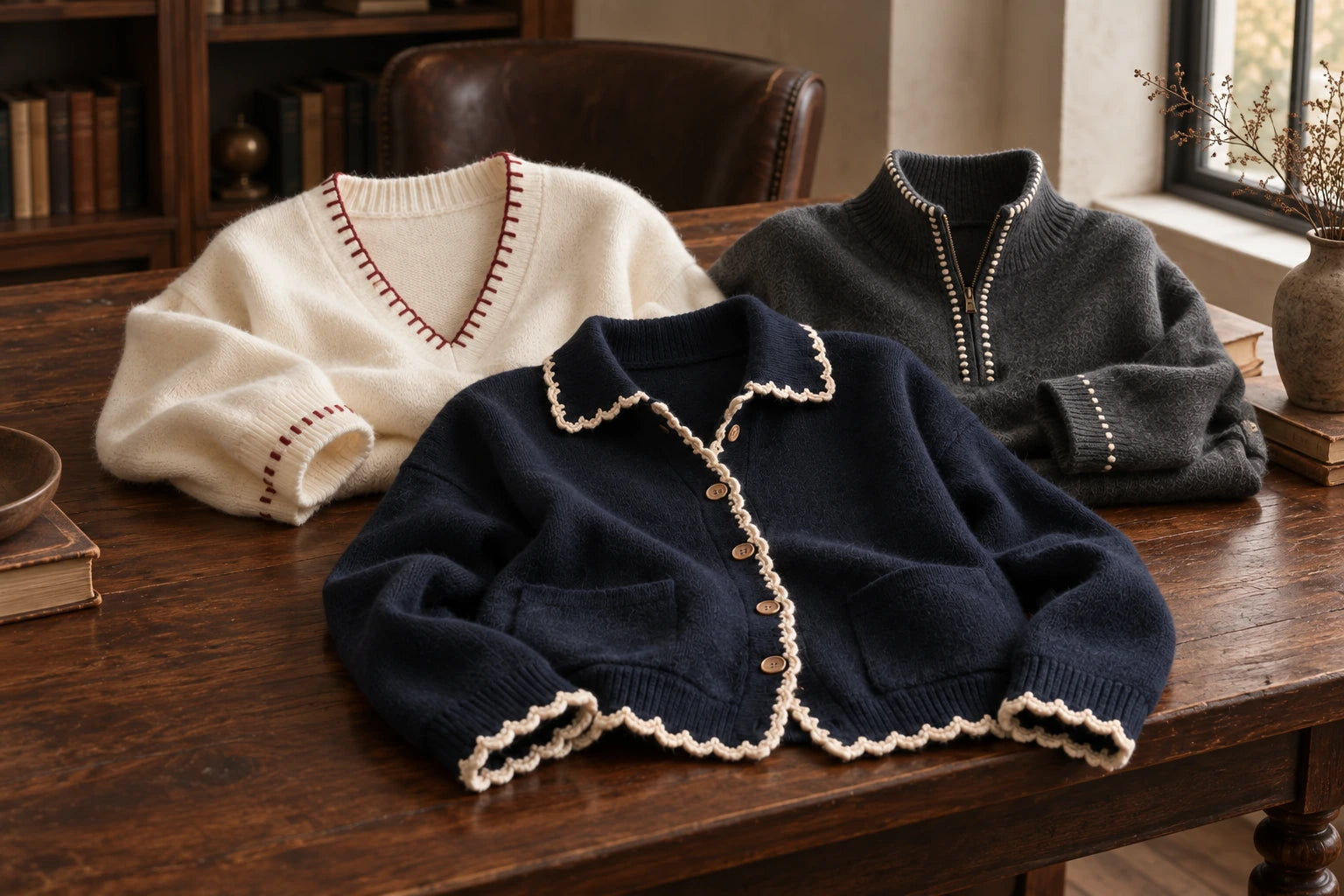 Cashmere with blanket-stitch and crochet edging on a walnut library table — collection concept