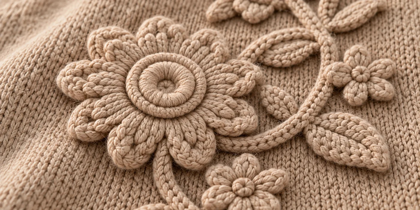 Raised tonal flower and stem on taupe cashmere — AI detail concept