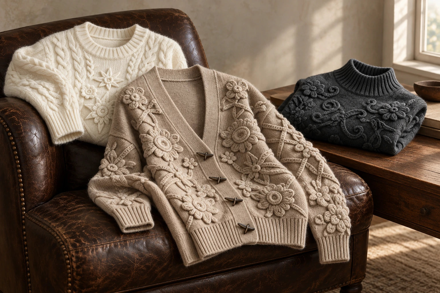 Tonal botanical cashmere and raised handwork arranged beside a softly lit window — collection concept