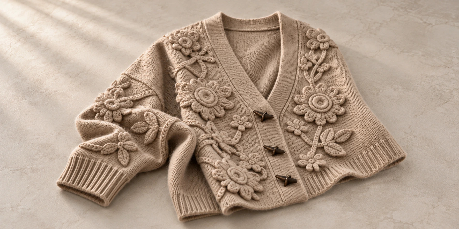 A taupe cashmere cardigan with tonal raised flowers and curling leaves — collection concept