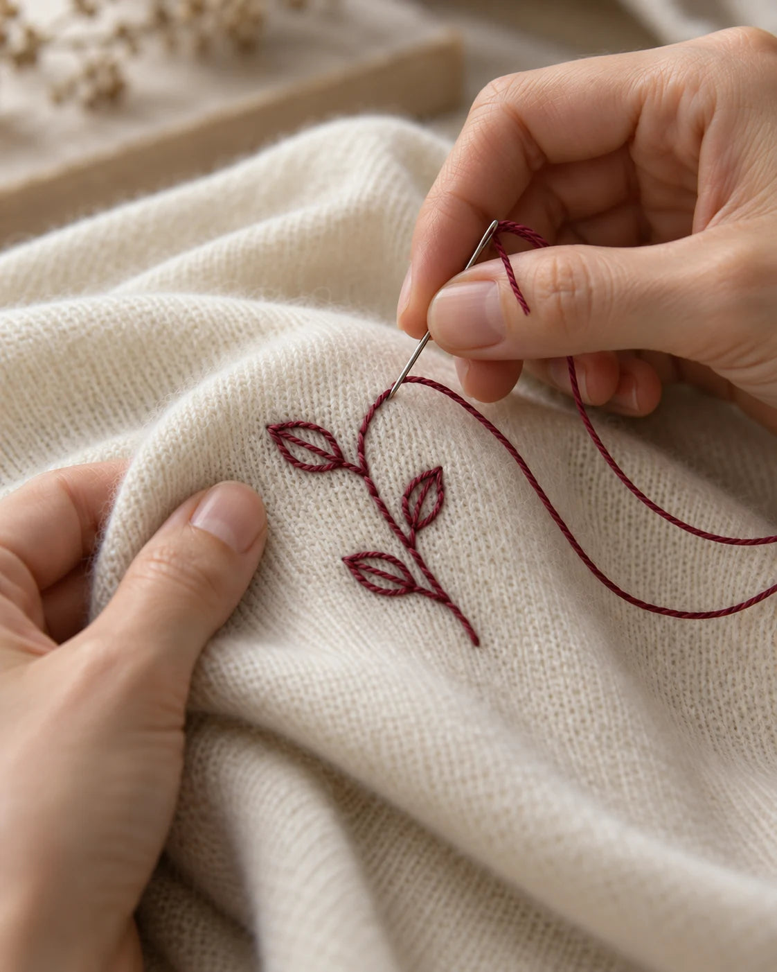 A close-up design study of botanical hand embroidery on ivory knitwear