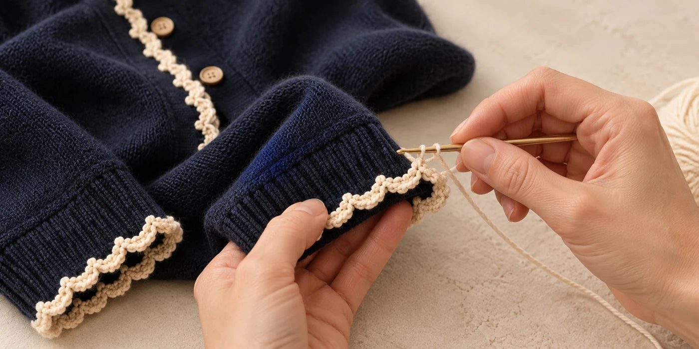 Crochet work at the navy cardigan cuff — AI making concept