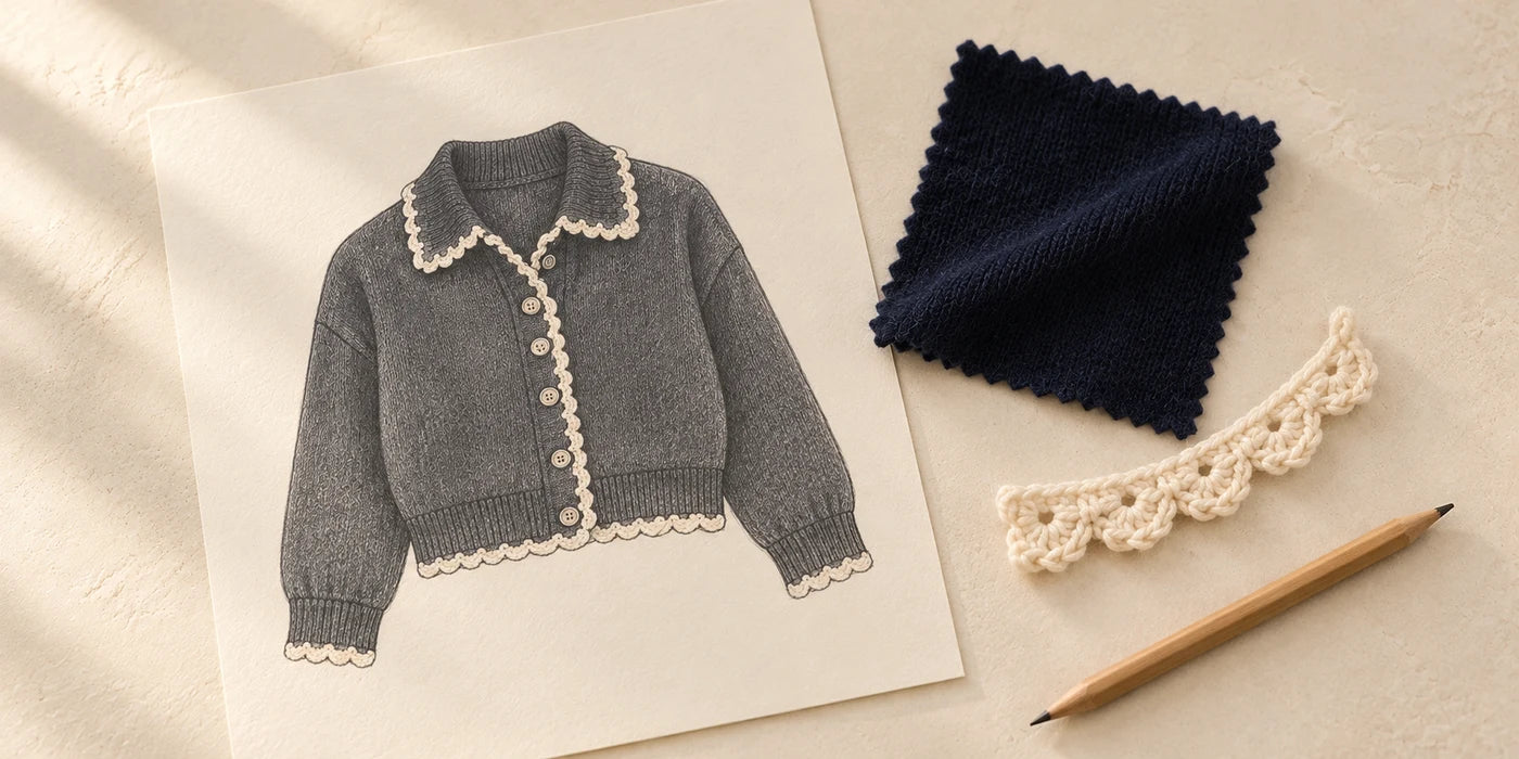 A design sketch, navy swatch and ivory crochet sample — AI studio concept