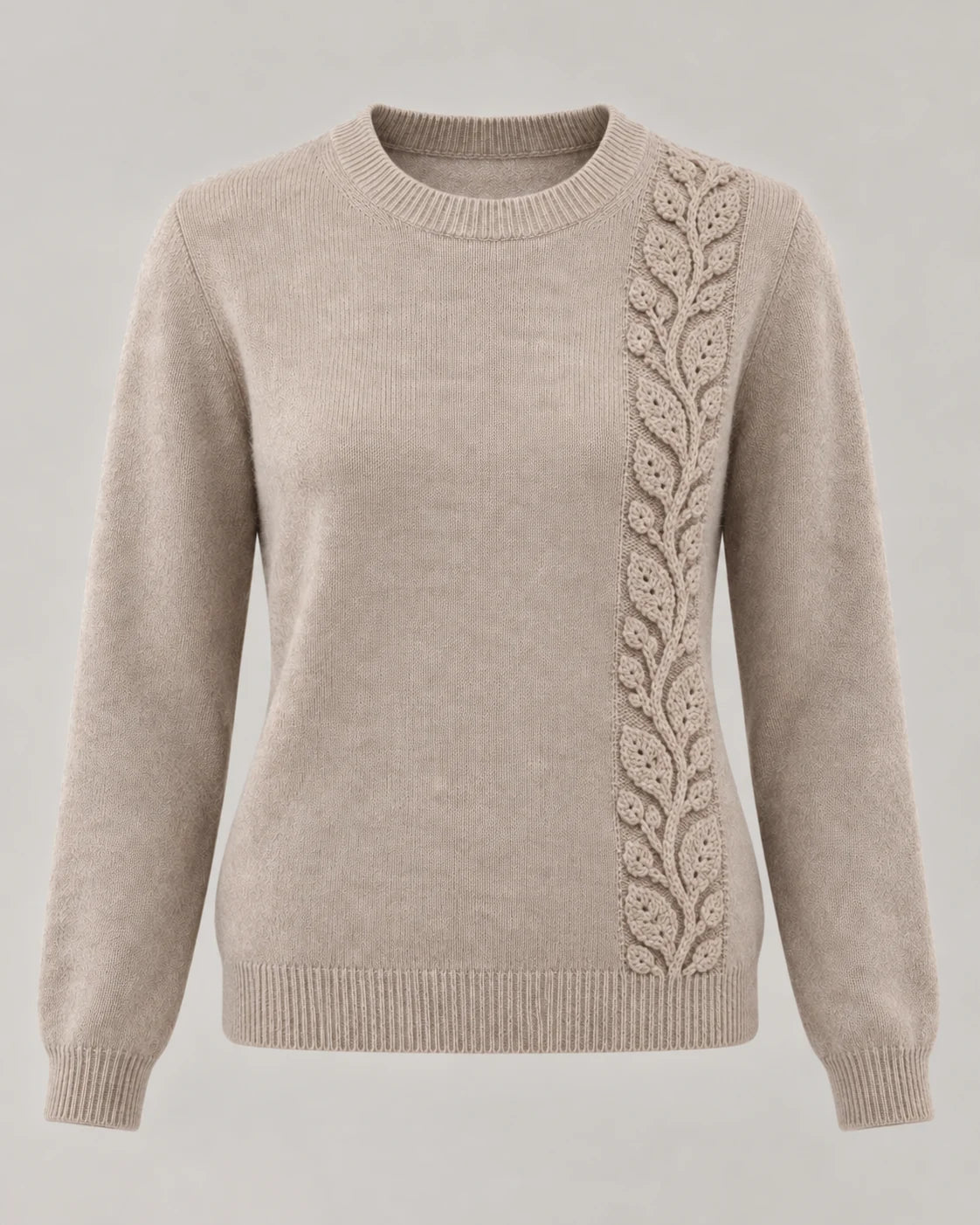 The Soft Relief Crew with hand-crocheted leaf panel