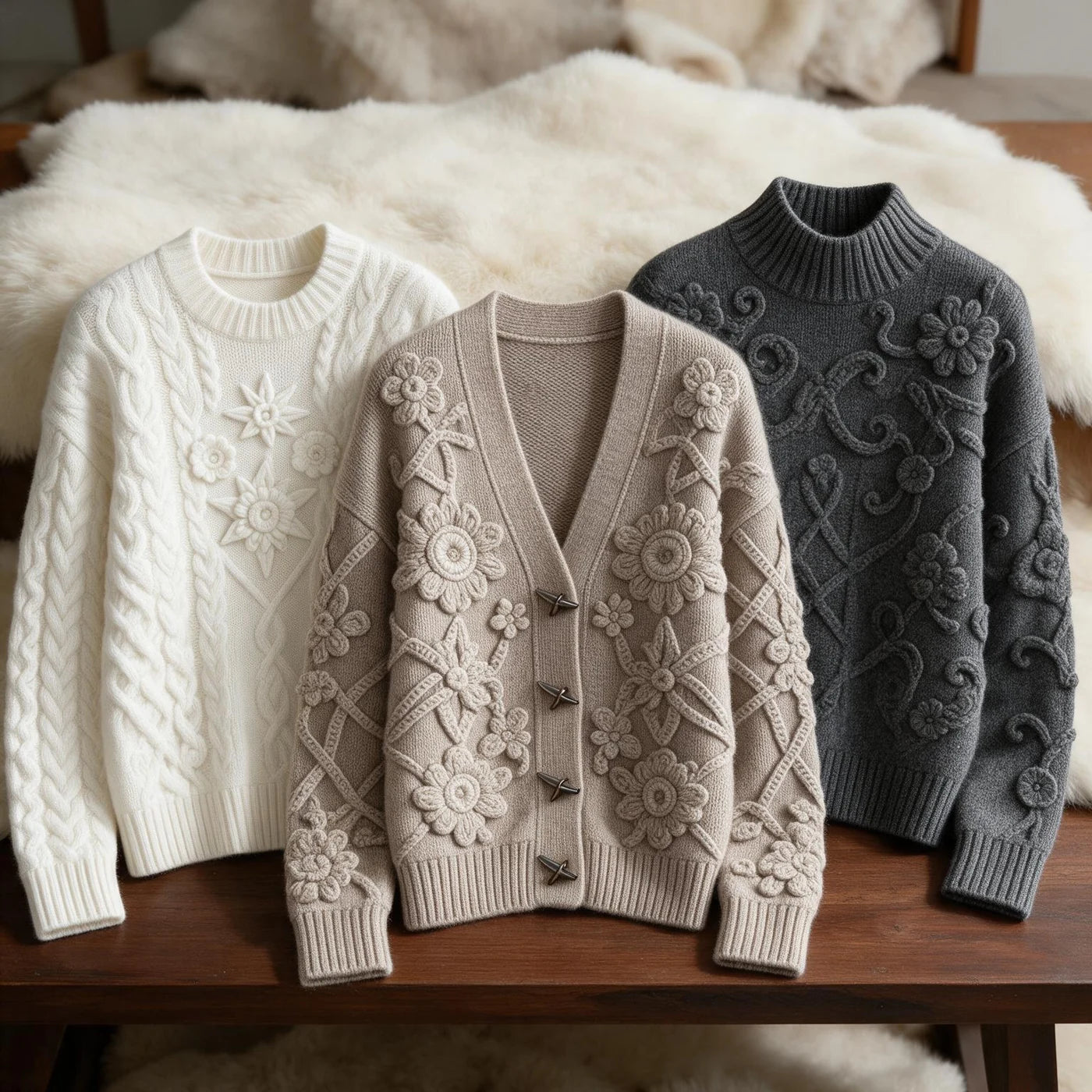 Raised floral motifs on softly textured knitwear