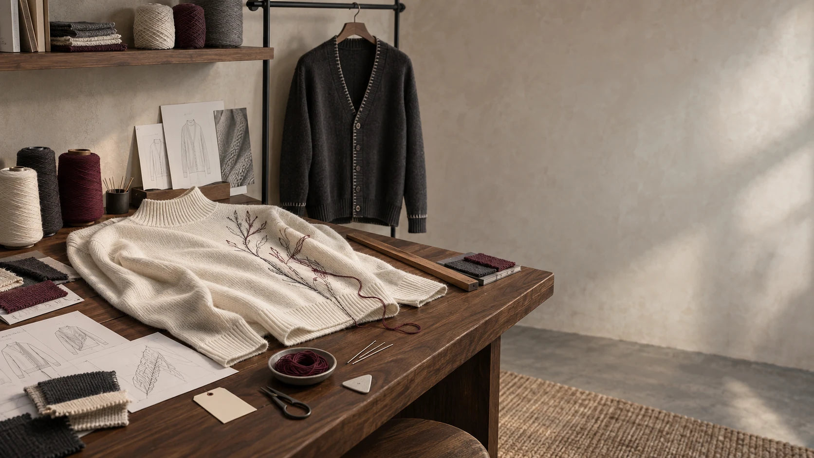A quiet studio with cashmere, yarn and handwork sketches